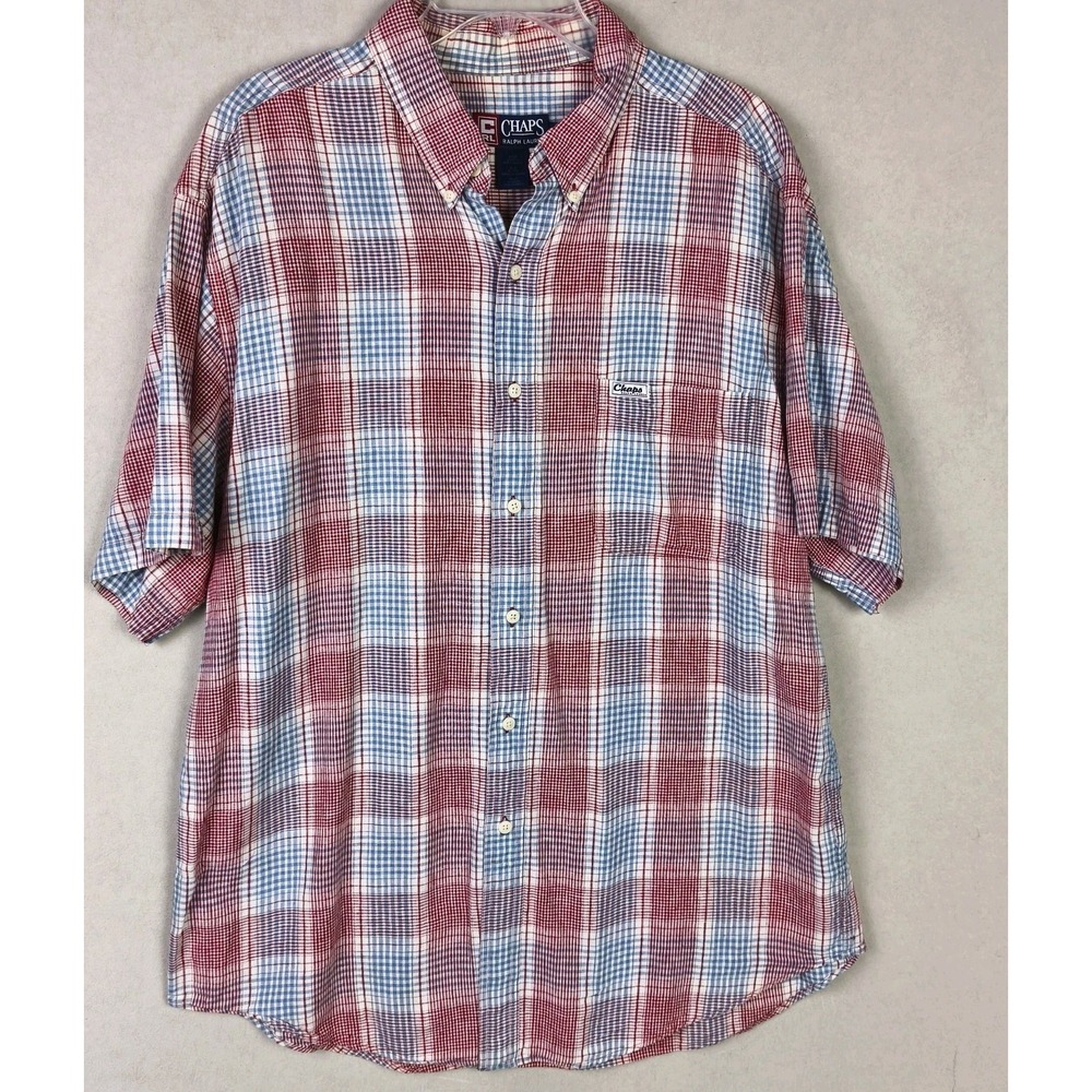Vintage Ralph Lauren Chaps Men's XL Plaid Short‎ Sleeve Button Shirt Linen Blend